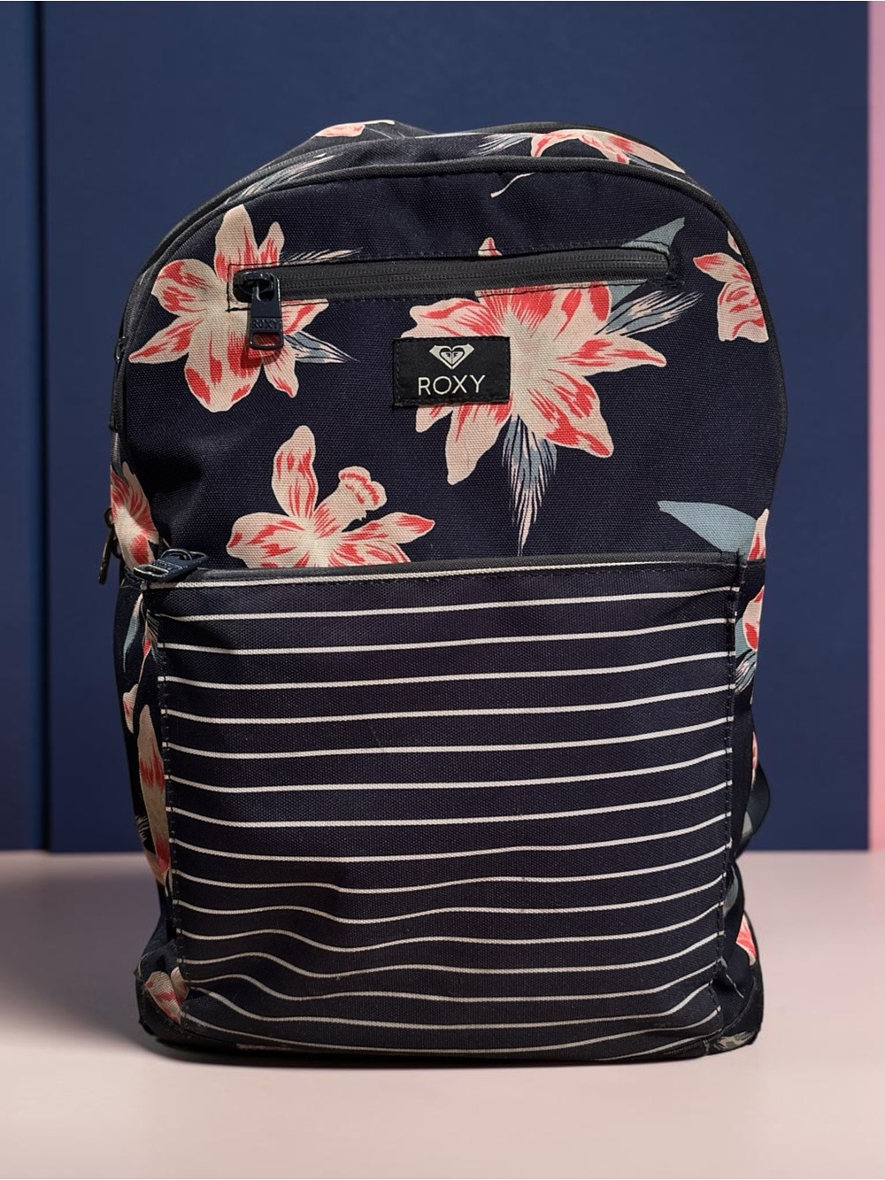 Roxy ‘Here You Are’ Navy Floral Backpack with stripe front pocket full size 24L